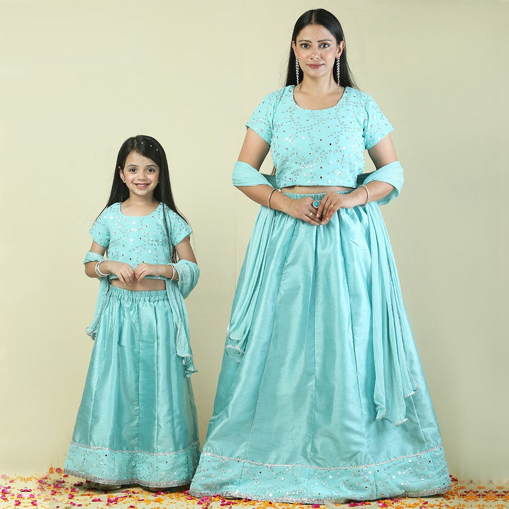Aqua Blue Mirror Work Mom & Daughter Lehenga Choli Set