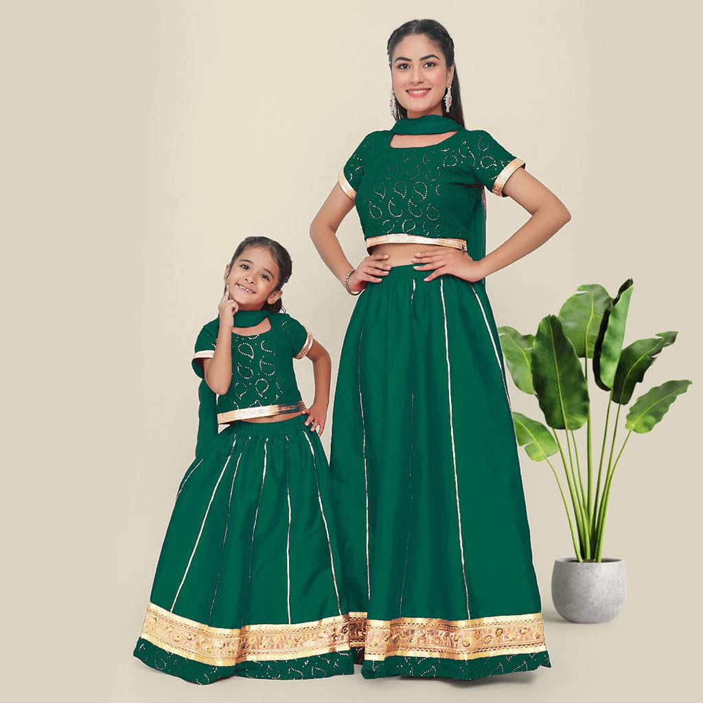 Bottle Green Gota Lehenga-Choli Mom & Daughter Set